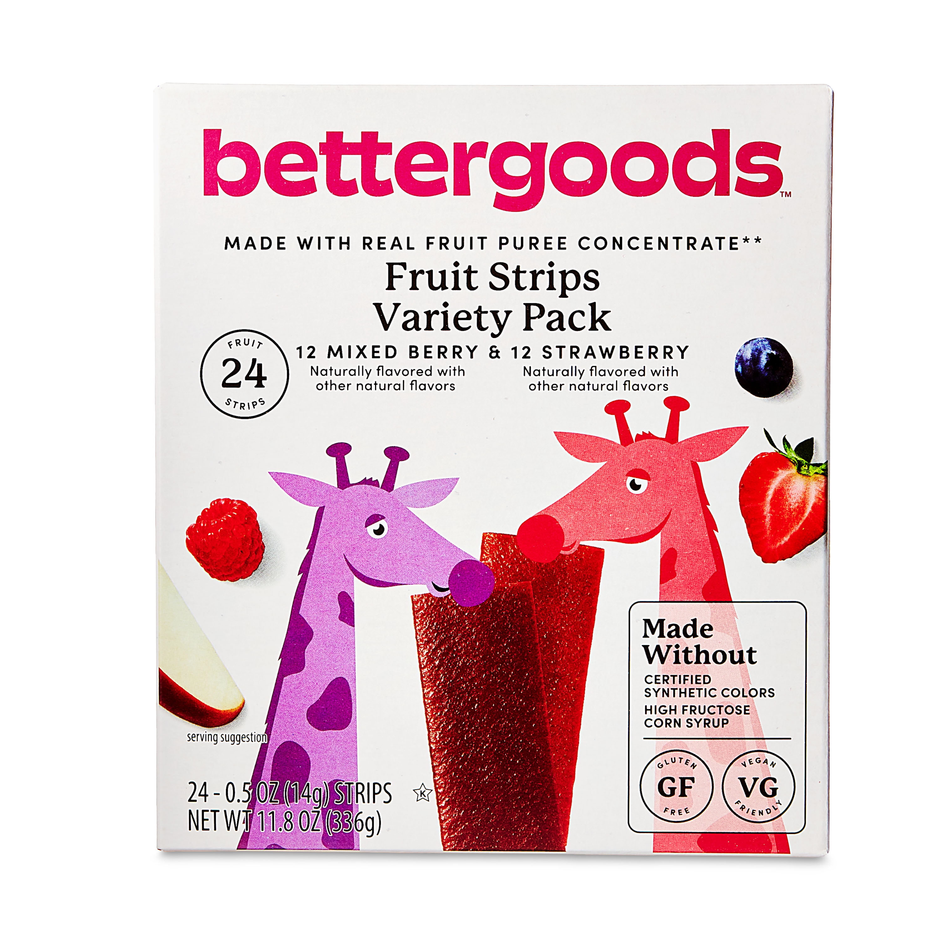 (2 pack) bettergoods Mixed Berry and Strawberry Fruit Strips Variety Pack, 0.5 oz, 24 Count