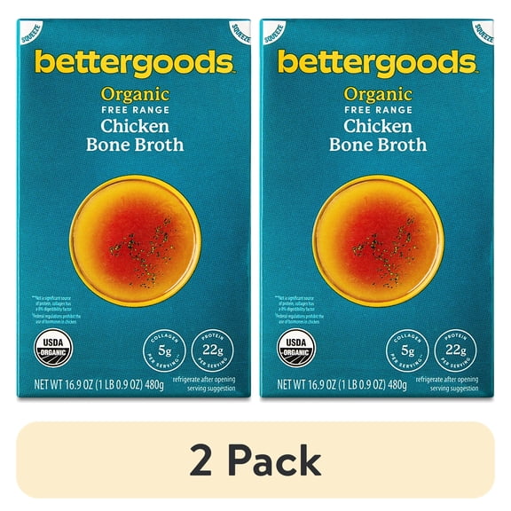(2 pack) bettergoods Organic Free Range Chicken Bone Broth, 16.9 oz Carton