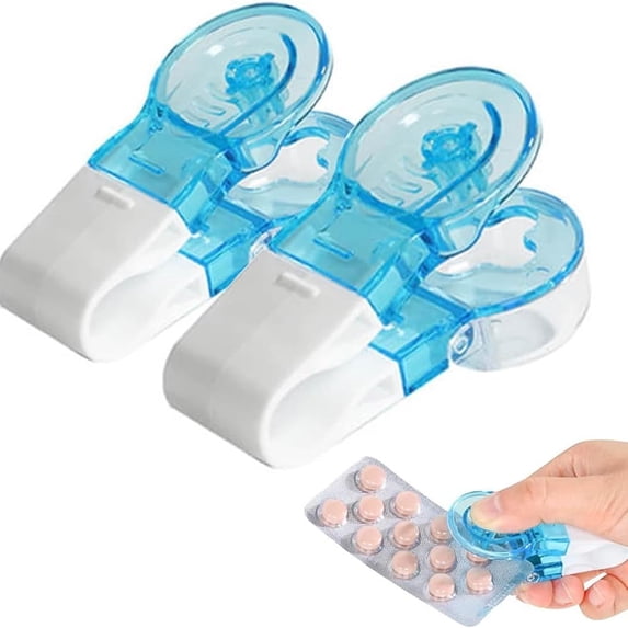 2-pack blue portable pill extractor, pill extractor, blister packaging opener, non-contact easy to remove portable travel pill dispenser pill extraction tool