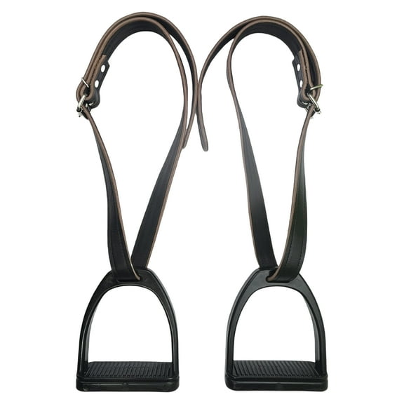 2-pack cowhide stirrup straps + black safety stirrups, genuine leather stirrup straps, western harness saddle accessories, suitable for English jumping and dressage style equestrian riding, 3.9ft