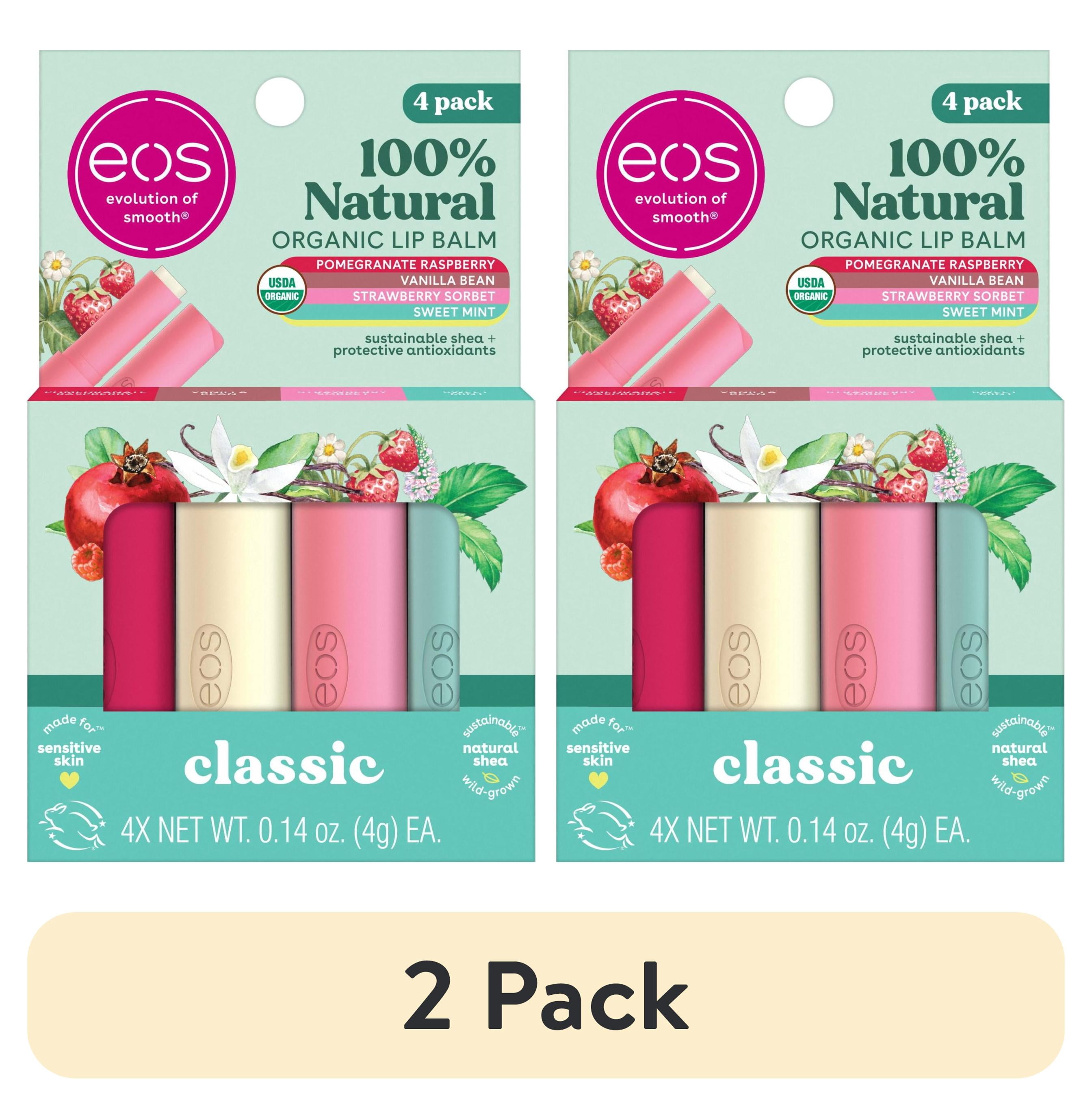 (2 pack) eos 100% Natural & Organic Lip Balm- Strawberry, Mint, Pomegranate, Vanilla, 0.14 oz, 4 Pack