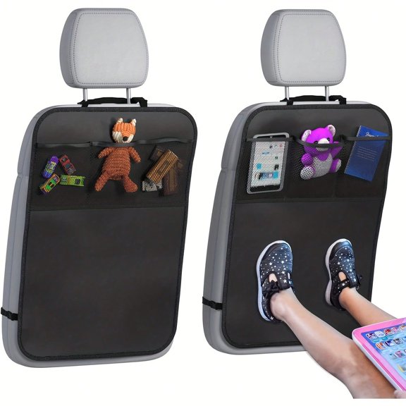 2-pack extra-large waterproof car rear seat kick pads with 3 storage pockets each. They shield seat backs from dirt, mud and scratches, while offering handy space to organize small items