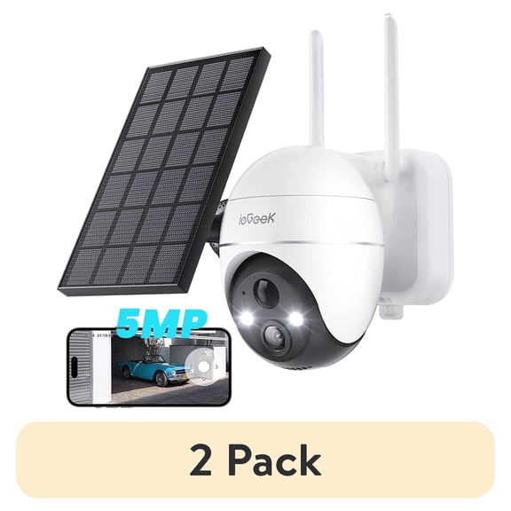 (2 pack) ieGeek 5MP PTZ WiFi Outdoor Wireless Security Cameras Solar, 360° View, Battery Powered Home Surveillance Camera with Color Night Vision, Works with Alexa, 2 Way Audio