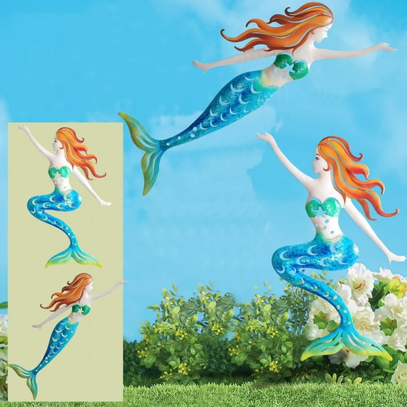 2 pack metal mermaid wall art decor plaque sculpture suncatcher, mermaid fish sea beach ocean theme hanging decoration indoor outdoor for home garden living room bedroom bathroom pool