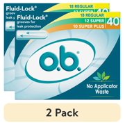 2 pack o.b. Tampons No Applicator, Unscented - 40ct 18ct Regular/12ct Super/10ct Super Plus