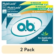 2 pack o.b. Tampons No Applicator, Unscented - 40ct 18ct Regular/12ct Super/10ct Super Plus