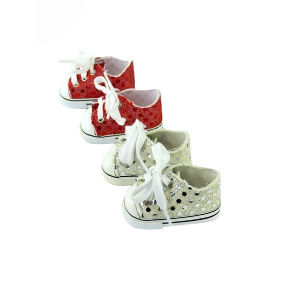 2 pack of Sequin Sneakers: Red and Silver Made for 18 inch dolls