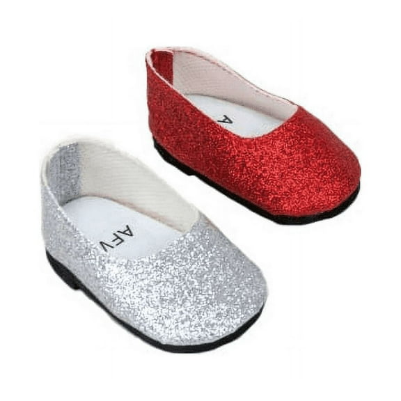 2 pack of Slip On Glitter Shoes Silver Glitter and Red Glitter For 14 Inch Dolls