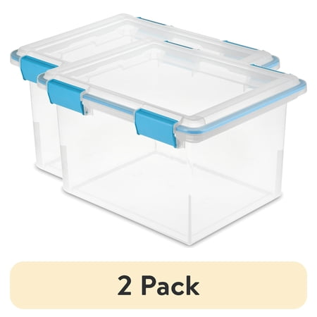 2 pack of Sterilite Small Storage Bin, 32 Quart Clear Plastic Storage Container with Gasket Lid, Blue