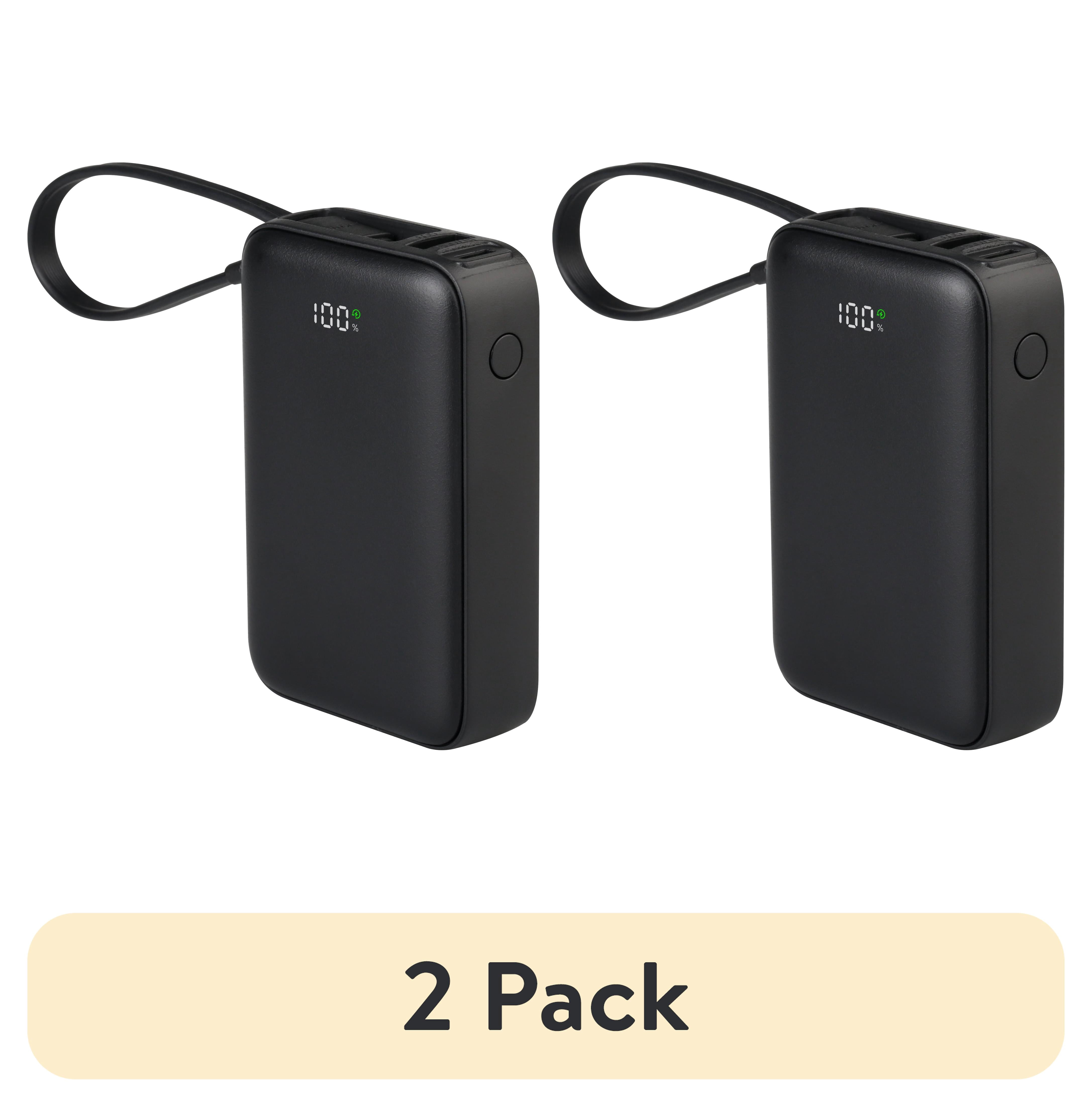 (2 pack) onn 10,000 mAh Portable Power Bank with Built In USB-C Cable and Fast Charing Output (20W), LED Digital Display, Black - Compatible with iPhone, iPad, AirPods, Samsung Galaxy, Note, Pixel & More