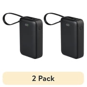 (2 pack) onn 10,000 mAh Portable Power Bank with Built In USB-C Cable and Fast Charing Output (20W), LED Digital Display, Black - Compatible with iPhone, iPad, AirPods, Samsung Galaxy, Note, Pixel & More