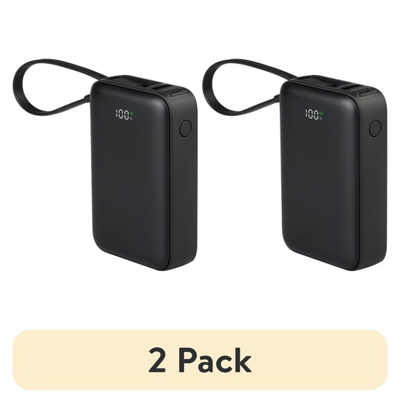 (2 pack) onn 10,000 mAh Portable Power Bank with Built In USB-C Cable and Fast Charing Output (20W), LED Digital Display, Black - Compatible with iPhone, iPad, AirPods, Samsung Galaxy, Note, Pixel & More
