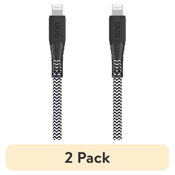 (2 pack) onn 10ft Lightning to USB-A Braided Charging Cable, MFI certified, Black - Compatible with iPhone 14/13/12/11/X/XR/XS/8/7/6/5, iPad, Airpods and more
