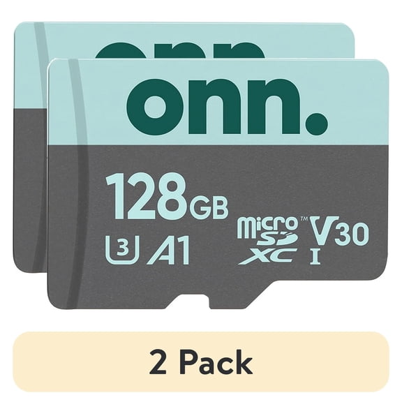 (2 pack) onn 128GB C10 U3 V30 A1 microSDXC Flash Memory Card with Adapter, for Phones, Tablets & Drones