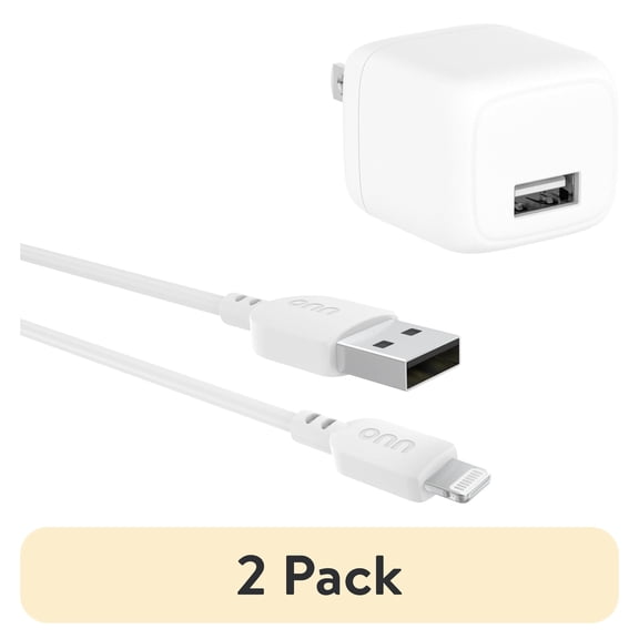 (2 pack) (2 pack) onn 12W USB-A Wall Charger with 3ft Lightning Cable, Foldable Plug, White