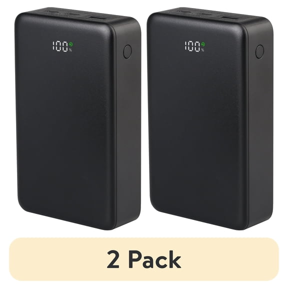 (2 pack) onn 20,000 mAh Portable Power Bank with Fast Charging Output (20W), Dual USB-C ports, USB port, LED Digital Display, Black - Compatible with iPhone, iPad, AirPods, Samsung Galaxy, Note, Pixel & More