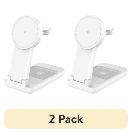 (2 pack) (2 pack) onn 3-in-1 Qi2 Certified Wireless Charging Stand – Foldable Design with Wall Adapter & Cable – Compatible with iPhone 17/16/15/14/13/12, Samsung Galaxy S23/S22, Pixel, AirPods & Apple Watch – White