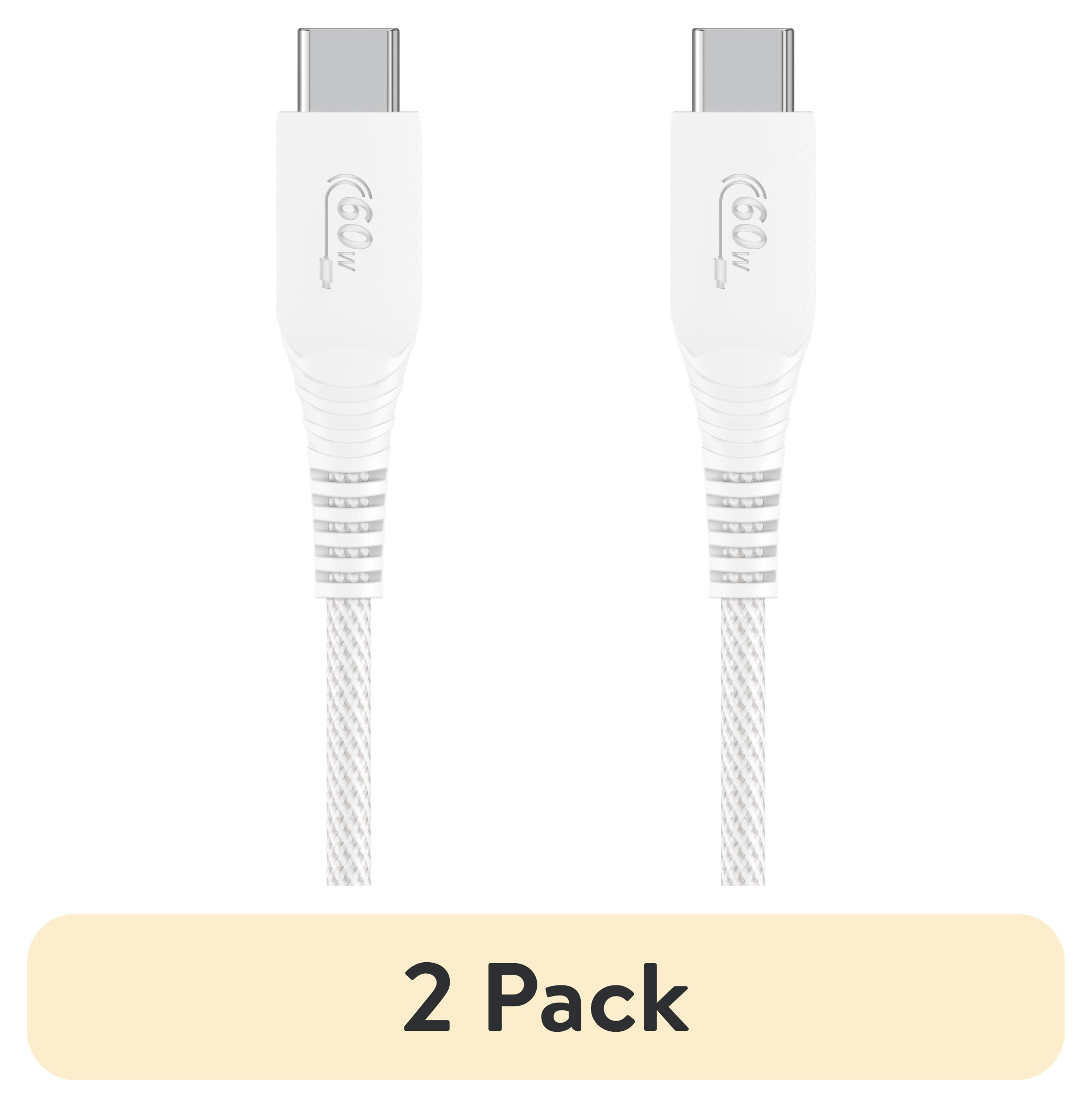(2 pack) onn 3ft USB-C To USB-C Braided Charging Cable, USB-IF Certified, White - Compatible with iPhone 16 Series, iPhone 15 Series, Samsung Galaxy, Note, Pixel Devices iPad Pro, & More