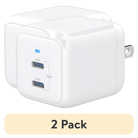 (2 pack) onn 40W Dual USB-C Port Wall Charger, Fast Charging, USB-IF Certified, Foldable Plug, White