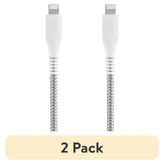 (2 pack) onn 6ft Lightning to USB-A Braided Charging Cable, MFI Certified, White - Compatible with iPhone 14/13/12/11/X/XR/XS/8/7/6/5, iPad, Airpods and more