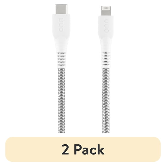 (2 pack) onn 6ft Lightning to USB-C Braided Charging Cable, MFI Certified, Fast Charging, White