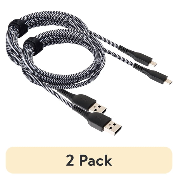 (2 pack) onn 6ft Micro-USB to USB Braided Charging Cable,Black