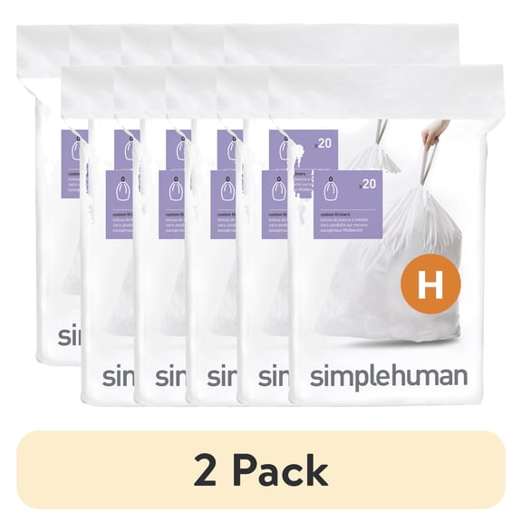 (2 pack) simplehuman Code H Custom Fit Drawstring Trash Bags in Dispenser Packs, 100 Count, 35 Liter / 9.3 Gallon, White