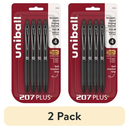 (2 pack) uniball™ 207 Plus+ Retractable Gel Pens, Medium Point (0.7mm), Black, 4 Pack