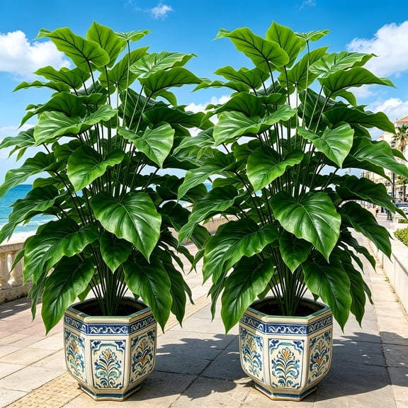 2-pack unpotted artificial philodendron stems, realistic large tropical greenery, zero upkeep design for custom planter decoration in living rooms, offices and commercial spaces.