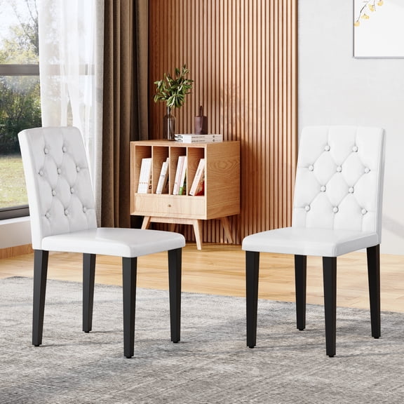 2-pack white PU dining chairs: ergonomic buckle backrest, 35 inches high, black metal legs,Combines Comfort and Texture.Perfectly suitable for family dining rooms, hotel banquet halls,etc.