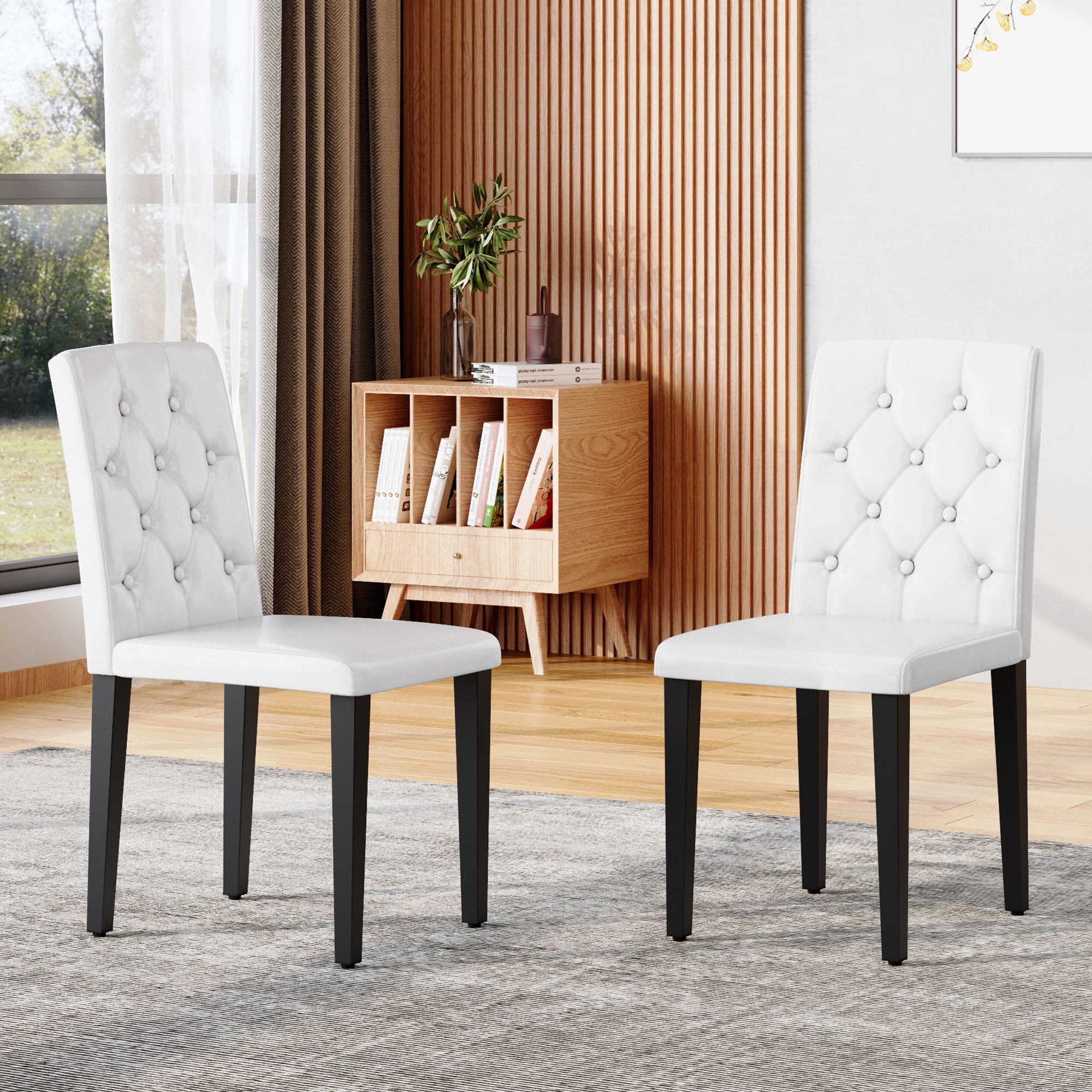 White Texture High 2-pack white PU dining chairs: ergonomic buckle backrest, 35 inches ...