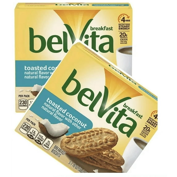 2 packs Belvita Toasted Coconut Breakfast Biscuits, 5 Packs (4 Biscuits Per Pack)