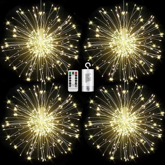 2 packs Firework Lights Copper Wire LED Lights, 8 Modes Dimmable String Fairy Lights with Remote Control, Waterproof Hanging Starburst Lights for Parties,Home,Christmas Outdoor Decoration - warm white