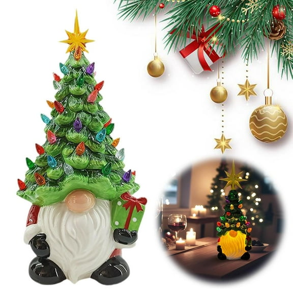 2 packs Gnome Xmas Tree, Lifelike Ceramic Gnome Ornament with Glowing Color Lights for Home Decoratio