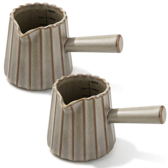 2 packs of ceramic espresso cups, 6 oz (200 ml) dark brown espresso cups, v-nozzle ribbed milk frothing cups, coffee, latte, cappuccino, tea-dishwasher safe measuring cups