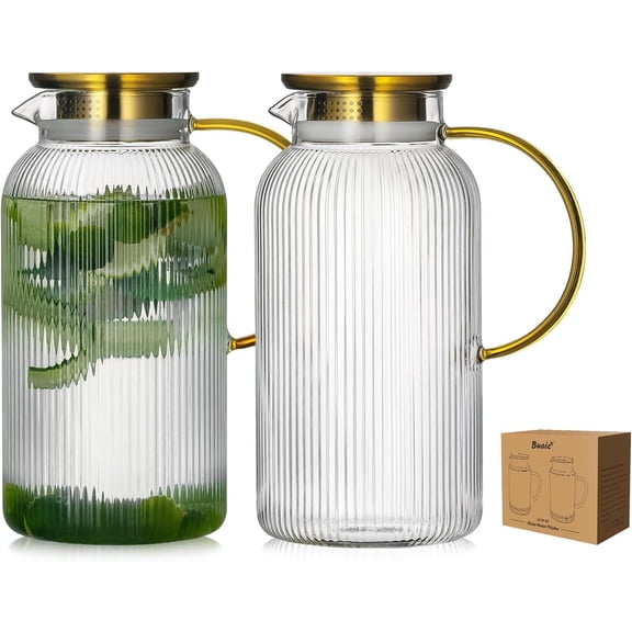 2 packs of glass pitcher with lid, 68 oz/ 2L classic vertical stripe jug, with handle, carafe, for cold brew, coffee, lemonade, iced sun tea, beverage, heat-resistant