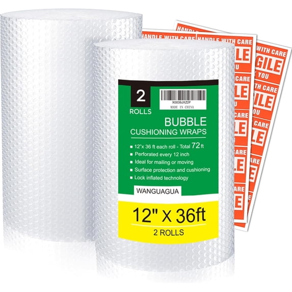 2 packs of 12 inches 72 feet total length bubble packaging film, for moving box shipping buffer supplies, perforated every 12 inches