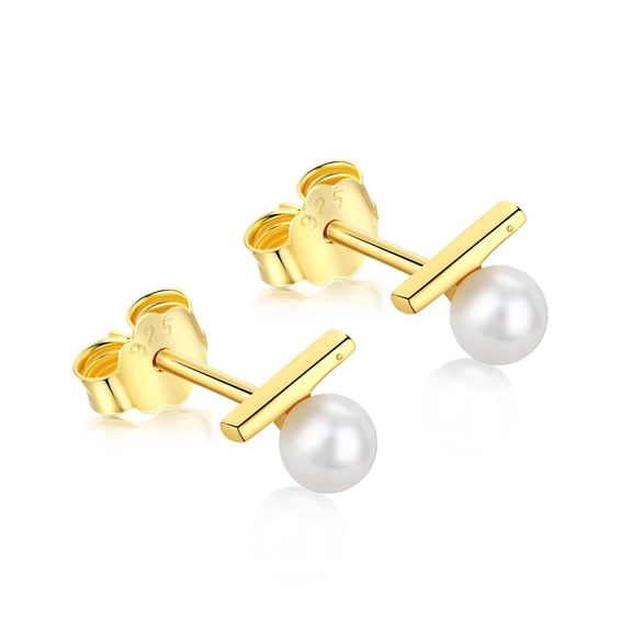 2 pair 925 Sterling Silver Pearl Stud Earrings for Women with S925 Stamp Round Bar Real 18K golden Plated 6.2x5.2mm