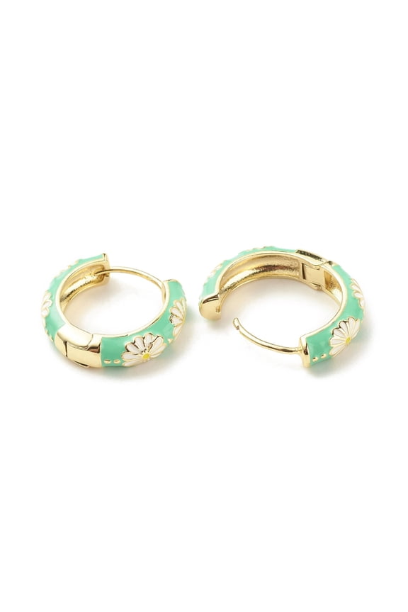 2 pair Daisy Flower Enamel Hoop Earrings golden Plated Brass Hinged Earrings for Women Medium Spring Green 20x22x5mm Pin: 0.9mm