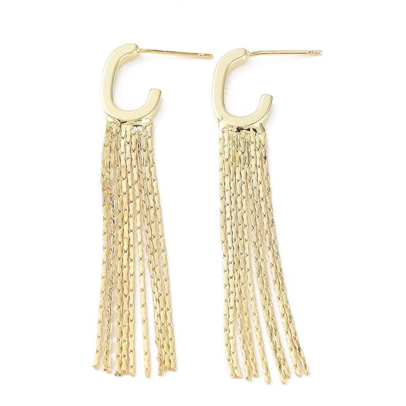 2 pair Rack Plating Brass Tassel Stud Earrings Oval Half Hoop Earrings Cadmium Free Lead Free Real 18K golden Plated 59.5x10x2mm