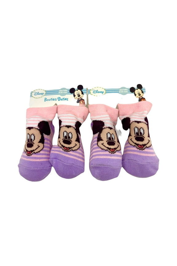 2 pairs Disney's Mickey Mouse Pink/Lavender Striped Booties ( Pair, 0-24 Months)