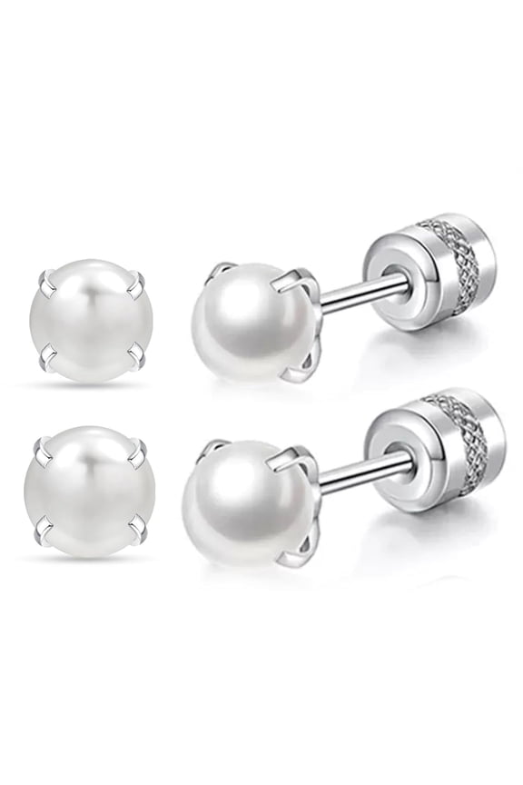 2 pairs Flat Back Earrings,Silver Pearl Stud Earrings for Women Screw Back Studs for Hypoallergenic Cartilage Nap Sleep Earrings Helix Jewelry (Flat Back Stud)