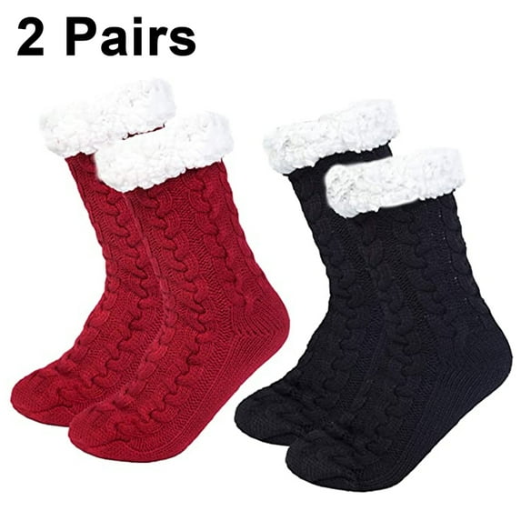 2 pairs Fuzzy Socks for Women Fluffy Cozy Winter Warm Soft Fleece Comfy Thick Socks - Twist Black + twist Wine Red