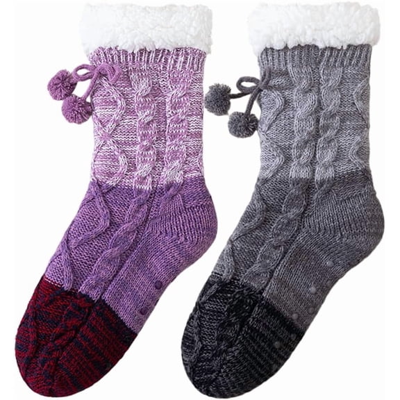 2 pairs Knitted Ultra-thick Slipper Home Socks with Pom-Poms, Non-Slip Winter House Socks with Fleece-Lined Warmth for Indoor Comfort and Gifting