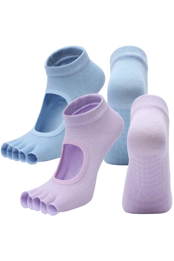 2 pairs Toeless Yoga Socks for Women Pilates Socks with Grips Cotton Non Slip Open Toe Socks for Pilates Pure Barre Ballet Dance