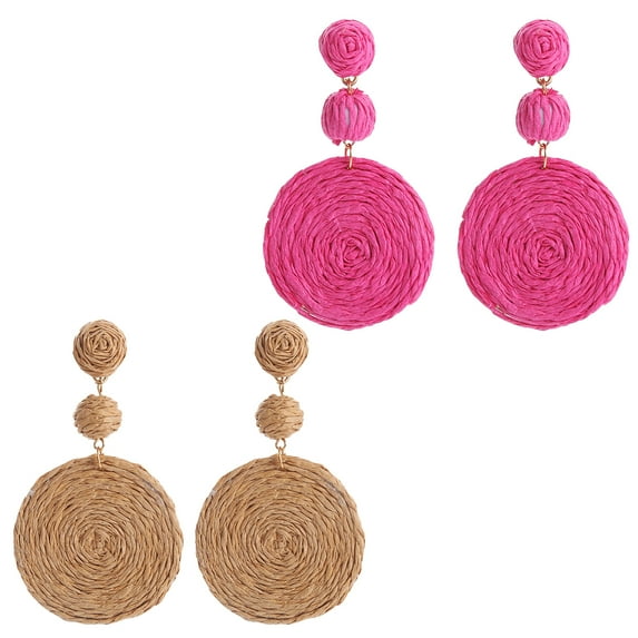 2 pairs of Raffia Ball Earrings for Women, Statement Raffia Round Drop Earrings - Summer Beach Vacation Jewelry - Coffee color+red