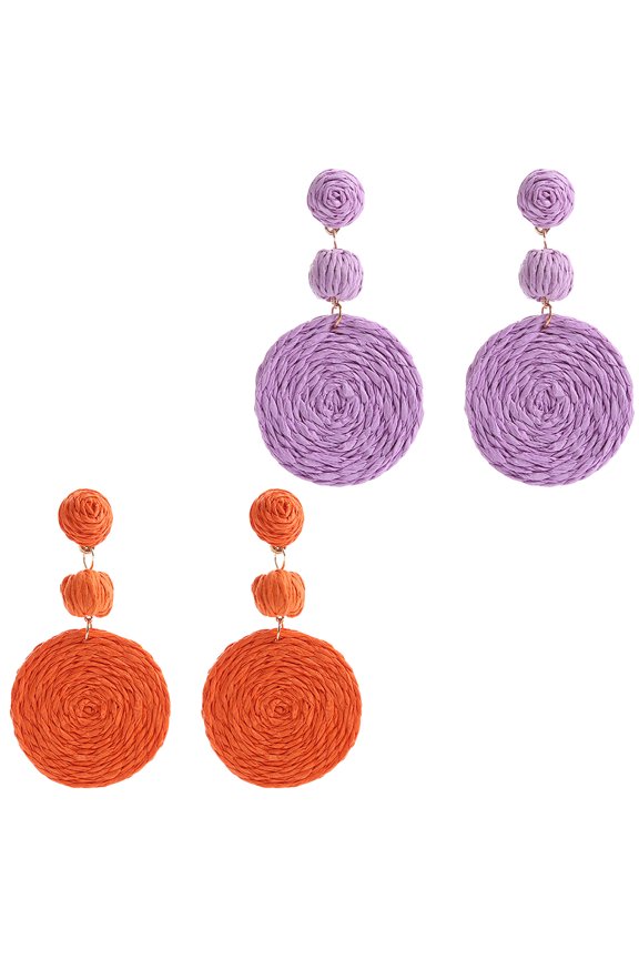 2 pairs of Raffia Ball Earrings for Women, Statement Raffia Round Drop Earrings - Summer Beach Vacation Jewelry - Purple+Orange