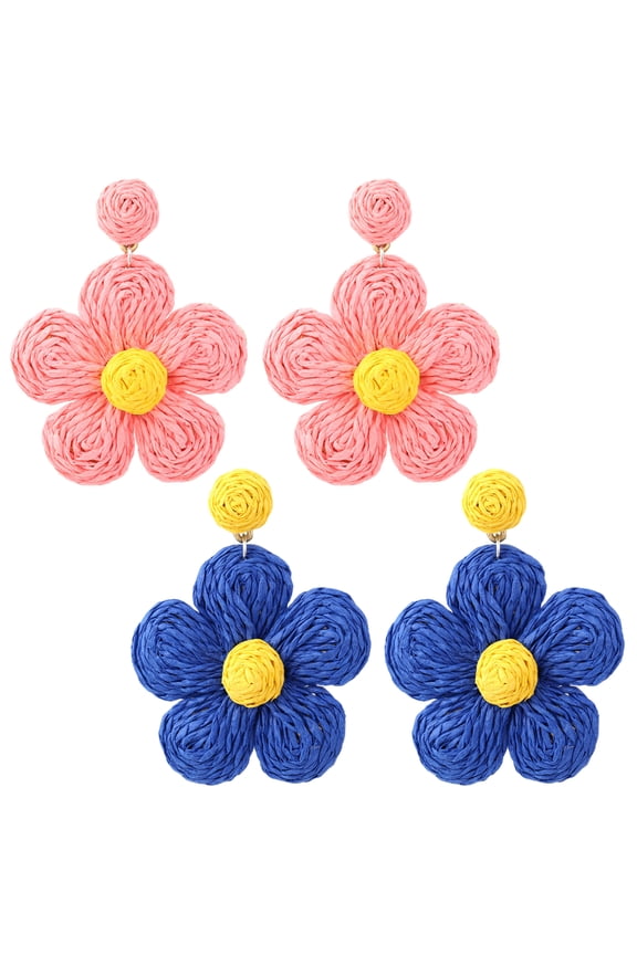 2 pairs of Rattan Earrings for Women Raffia Straw Wrapped Flower Drop Dangle Earrings Summer Tropical Beach Jewelry - Style:Style 4