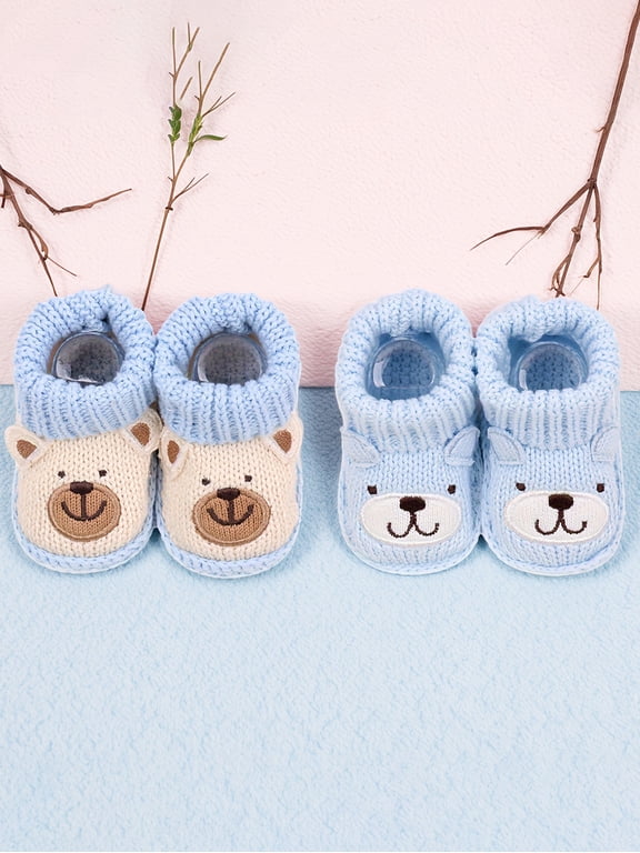 2 pairs unisex annimals Baby Knit Booties - Soft Fleece-Lined Bear Design, Warm Non-Slip Infant Shoes (0-12 Months)