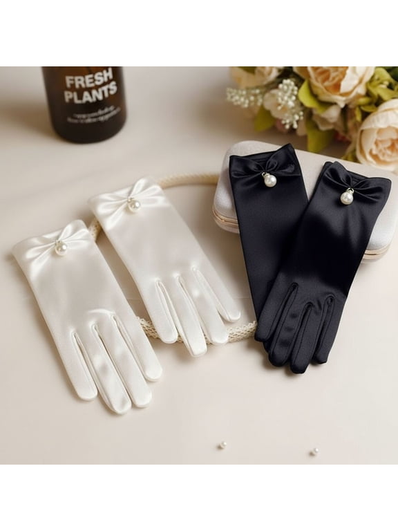 2 pairsShort Satin Gloves for Women, White Pearl Dress Glove Short Wedding Bridal Gloves Uniform Glove for 1920s Banquet Gown Wedding Opera Dinner Party Tea Party